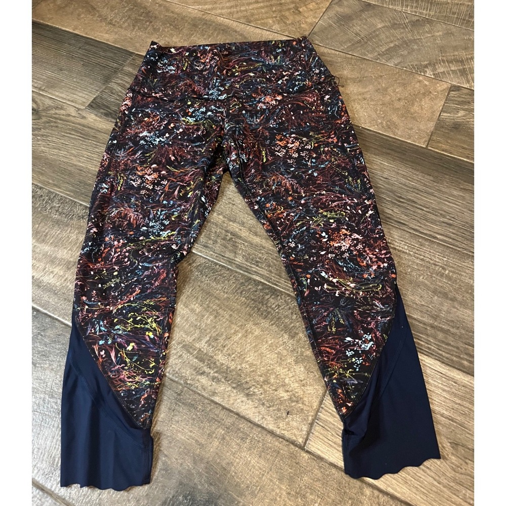 Lululemon High Rise Crop Leggings Abstract Floral Mesh Scallop Hem Navy Multi